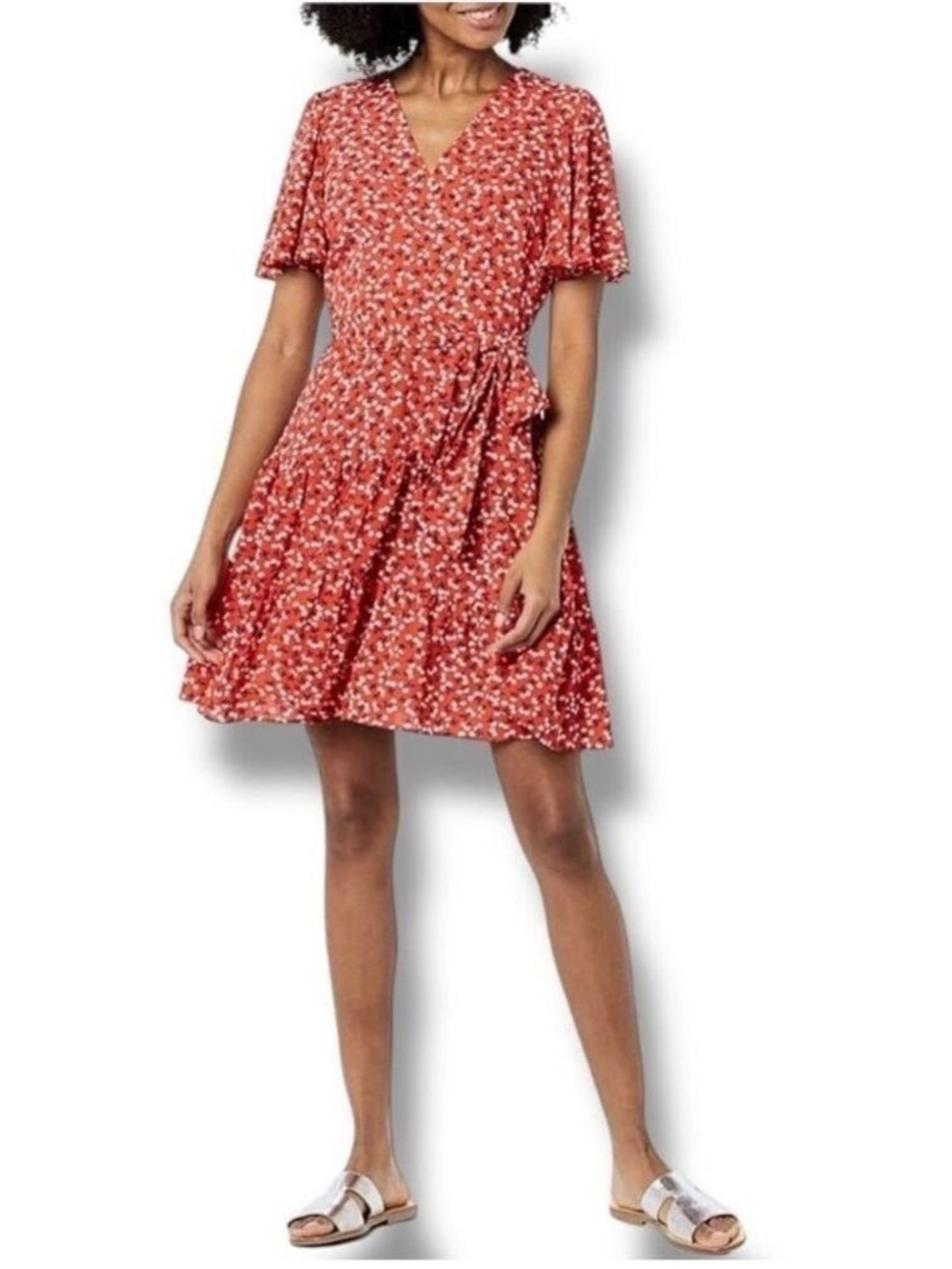 Eliza J Red Floral V-Neck Flutter Sleeve Fit-N-Flare Mini Dress Fits like an 8